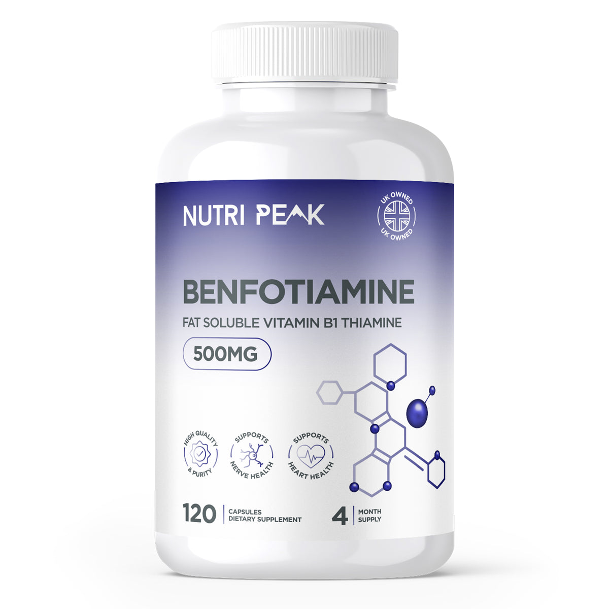 Nutri Peak Benfotiamine 500MG bottle, 120 vegan capsules