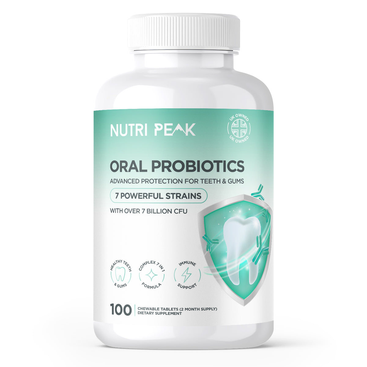 Nutri Peak Advanced Oral Probiotics bottle, 100 chewable tablets